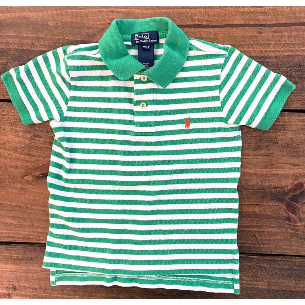 Ralph Lauren Polo Green White Striped Pique Cotton Shirt Orange Horse Boys 4T 4